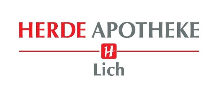 Logo der Herde Apotheke in Lich, mit roter Schrift und einem roten "H" im Mittelpunkt.
