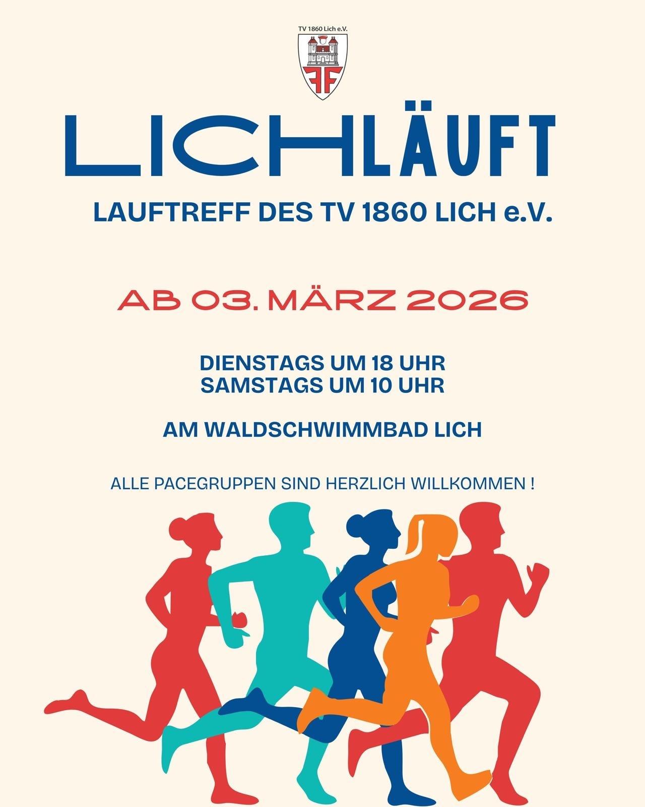 Ank&uuml;ndigung f&uuml;r den Lauftreff des TV 1860 Lich e.V. ab 3. M&auml;rz 2026, dienstags und samstags am Waldbad Lich.