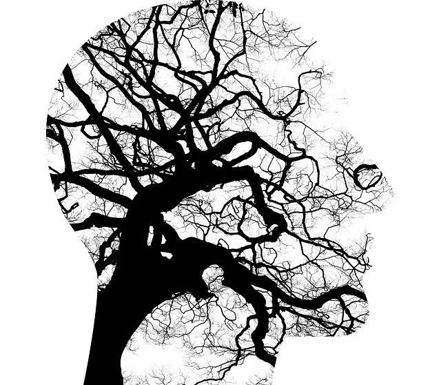 Silhouette eines Kopfes, ausgefüllt mit schattenhaftem Baumzweig-Muster auf weißem Hintergrund.