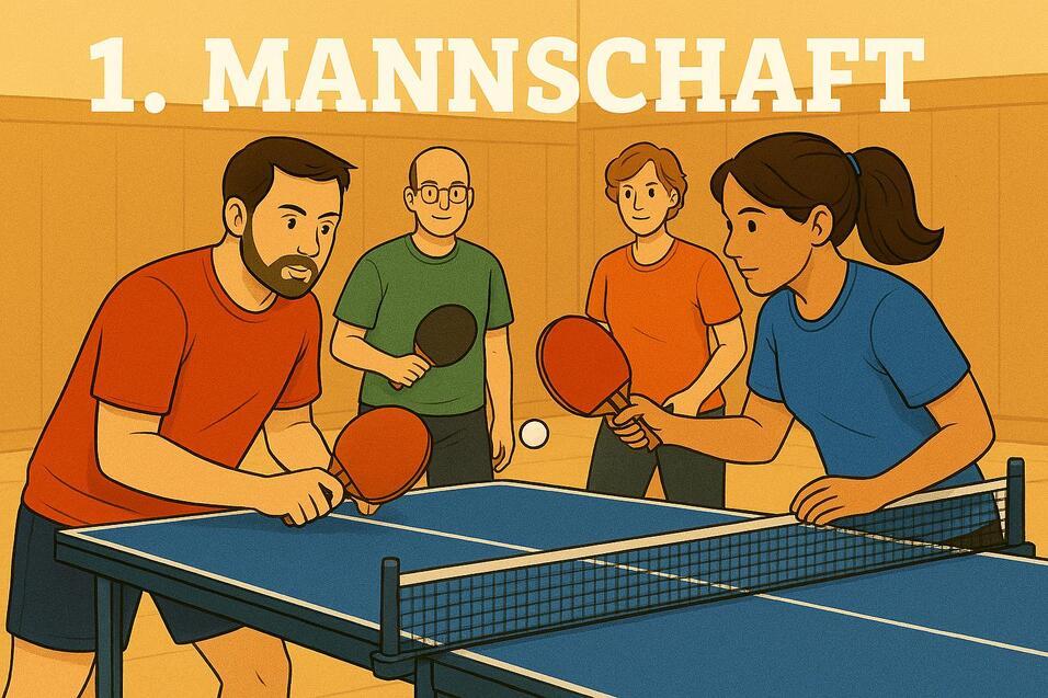 Vier Tischtennisspieler stehen an einem Tisch und spielen gegeneinander, umgeben von einer orangefarbenen Wand.