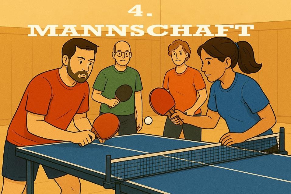 Vier Personen spielen Tischtennis an einem Tisch, mit Schlägern in der Hand und einem Ball in der Mitte.