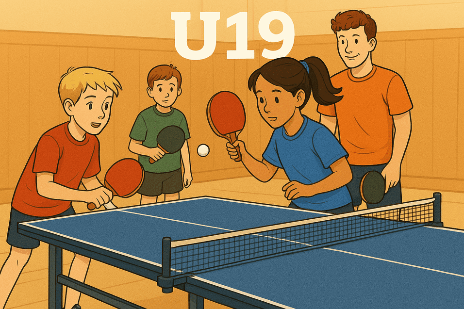 Vier Kinder spielen Tischtennis an einem blauen Tisch. Im Hintergrund steht die Zahl „U19“.