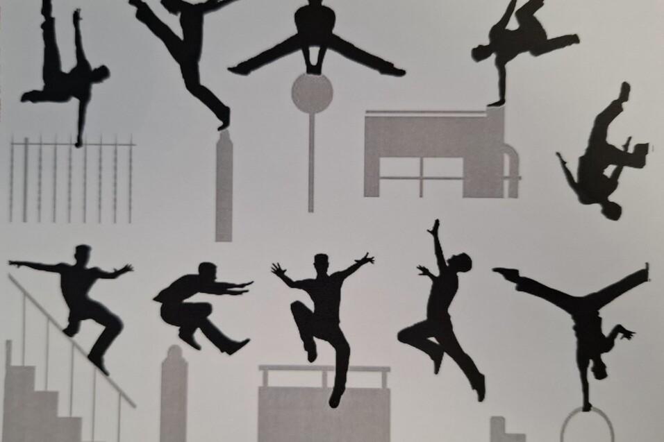 Silhouetten von springenden und akrobatischen Personen, die verschiedene Bewegungen an urbanen Objekten zeigen.