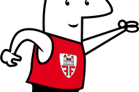 Vereinfacht dargestellte Figur mit roten Lauftrikot, die fr&ouml;hlich l&auml;uft und eine Hand zur Seite hebt.