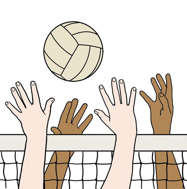 H&auml;nde greifen nach einem Volleyball, der &uuml;ber ein Netz schwebt, in einer sportlichen Spielsituation.