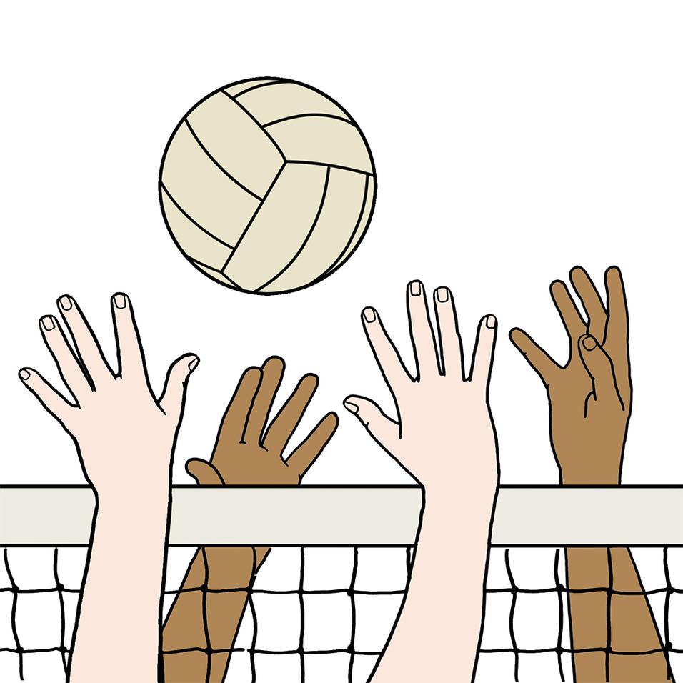 Hände greifen nach einem Volleyball, der über ein Netz schwebt, in einer sportlichen Spielsituation.