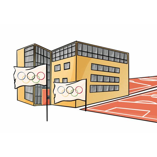 Olympisches Geb&auml;ude mit gro&szlig;en Fenstern und zwei Flaggen auf dem Vorplatz, der eine rote Sportfl&auml;che zeigt.