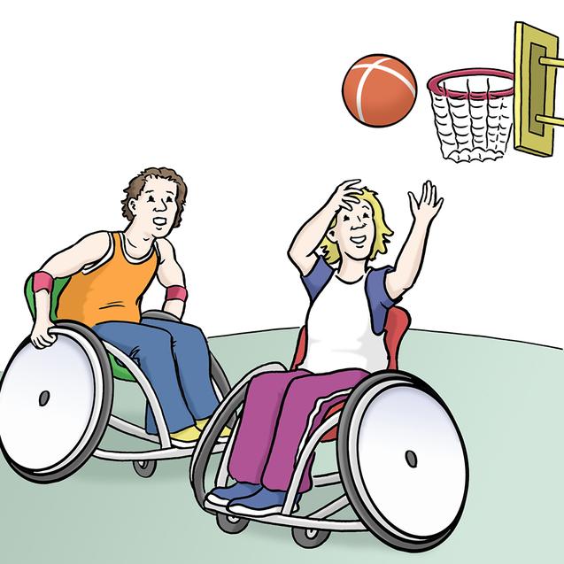 Zwei Menschen im Rollstuhl spielen Basketball, w&auml;hrend einer von ihnen einen Ball in Richtung Korb wirft.
