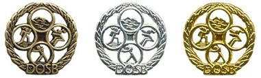 Drei Medaillen des DOSB in Gold, Silber und Bronze, umgeben von einem kreisförmigen Kranz mit Sportmotiven.